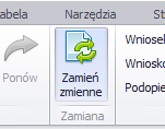 odpowiednie dane z wniosków (np. [[wn_numer]], [[wni_nazwisko]], [[dof_umo_nr]]). Wszystkie zmienne dostępne są na zakładce edytora [Plik].