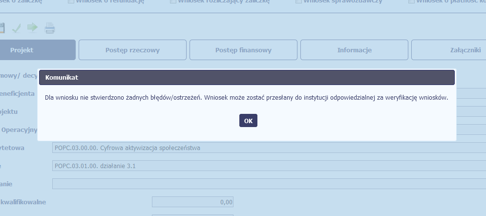 Sprawdzenie poprawności W dowolnym momencie procesu tworzenia wniosku o płatność, masz możliwość sprawdzenia poprawności wprowadzonych przez siebie danych poprzez