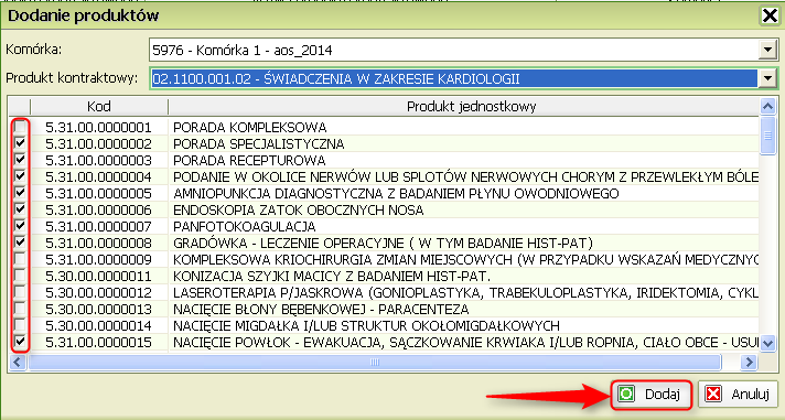 Na liście zaznaczamy produkty kontraktowe, które udostępniamy i następnie potwierdzamy przyciskiem