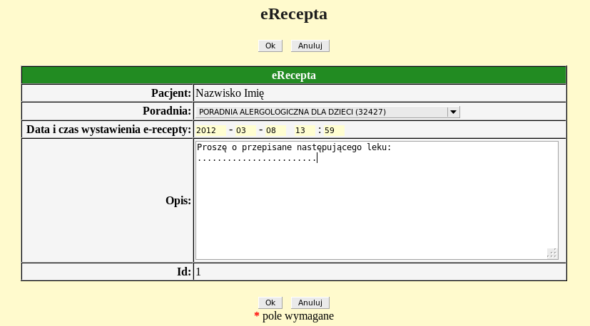 E-rejestracja 17 Lista erecept Dodanie e-recepty E-receptę dodajemy przy pomocy linku Dodaj e-receptę znajdującego się na liście e-recept