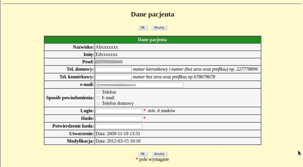 E-rejestracja 3 Postępując zgodnie z otrzymaną instrukcją użytkownik powinien otrzymać ekran podobny do poniższego. Obowiązkowo należy uzupełnić pole Login, Hasło oraz Potwierdzenie hasła.