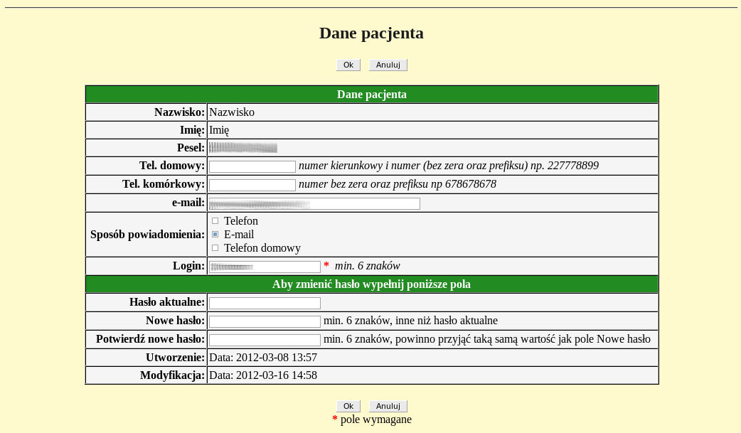 E-rejestracja 7 Dane pacjenta Zakładka Zmiana danych umożliwia zmianę loginu, hasła, numery telefonu, adresu e-mail oraz sposobu powiadamiania. Przykładowy ekran widoczny jest na poniższym obrazku.