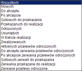 przedział czasowy, dla jakiego rachunku oraz określić szczegółowość danych. Można zdefiniować następujące parametry raportu (jak na rysunku powyżej): Przelewy domyślnie wartość Wszystkie.