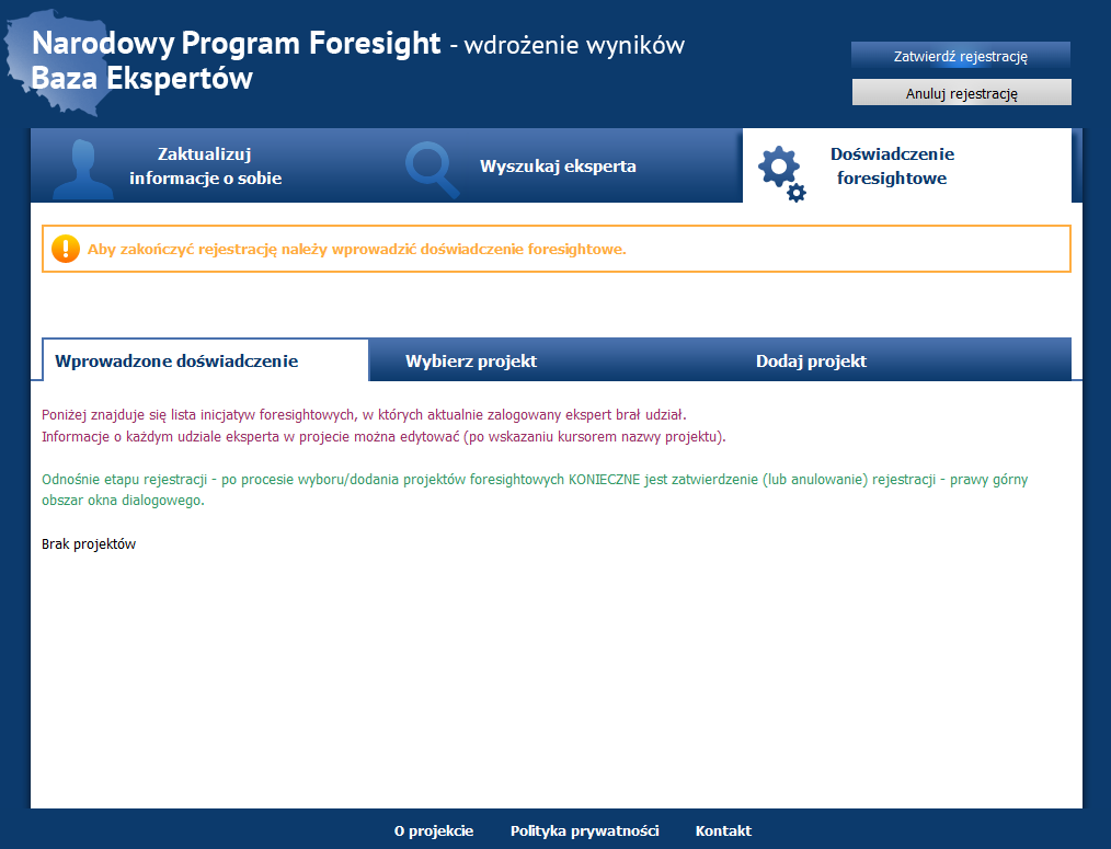 Wprowadzanie informacji o ekspercie odbywa się w dwóch krokach. W pierwszym kroku ekspert musi wprowadzić podstawowe informacje personalne oraz wybrać przystające do niego obszary kompetencji.