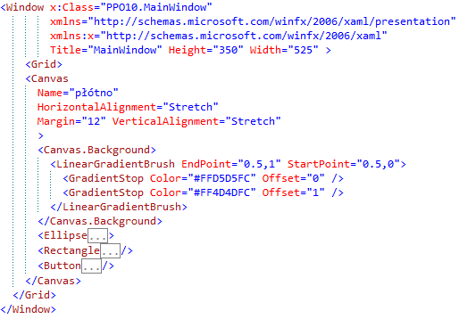 XAML język znacznikowy Windows Oparty o uniwersalny język znacznikowy XML nazwa elementu XML nazwa klasy WPF znacznik otwierający obiekt znacznik