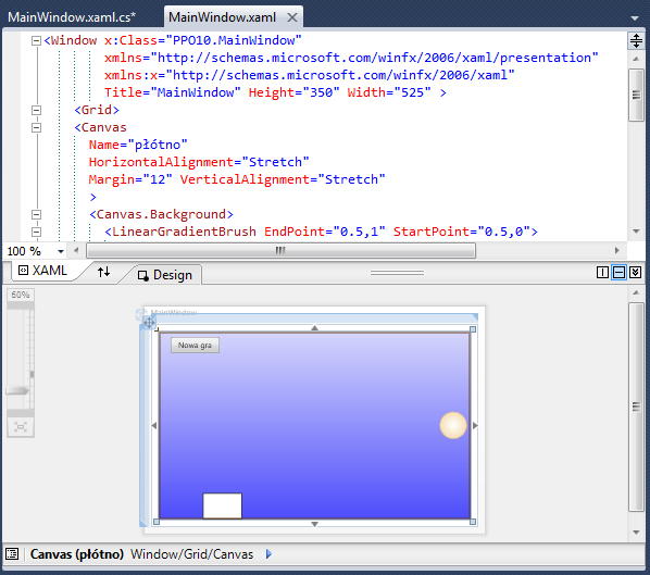 Projektowanie wizualne Panel edycji kodu XAML
