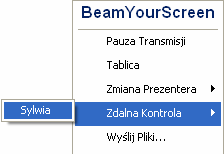 Aby przerwać zdalną kontrolę kliknij na ikonkę i wybierz Przerwij Zdalną Kontrolę. MoŜesz przekazać zdalną kontrolę nad Twoim komputerem kaŝdemu z uczestników sesji.