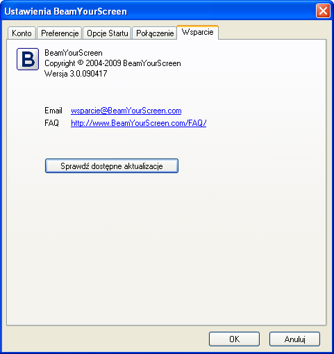 Wsparcie W zakładce Wsparcie znajdziesz informacje o Twojej aktualnej wersji BeamYourScreen.