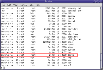 Rysunek 28. Przedstawia informacje o plikach folderach oraz ich prawach Zmienienie praw dostępu na 3 sposoby $ chmod 700 test1 $ chmod og=t test1 $ chmod og-rwx test1 Rysunek 29.