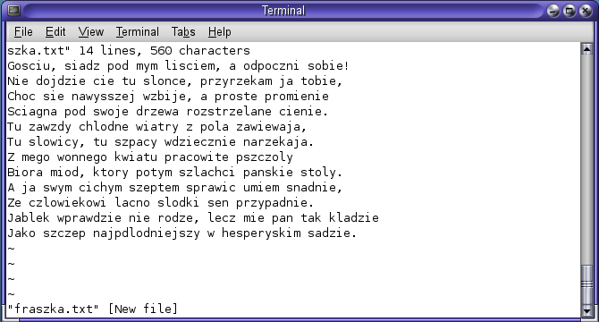 Rysunek 90. Zapisywanie jako... Zadania do samodzielnego rozwiązania 1. Stwórz plik tekstowy o dowolnej nazwie zawierający kilka linijek tekstu, polecenie vi nazwa_pliku.txt; Rysunek 91.