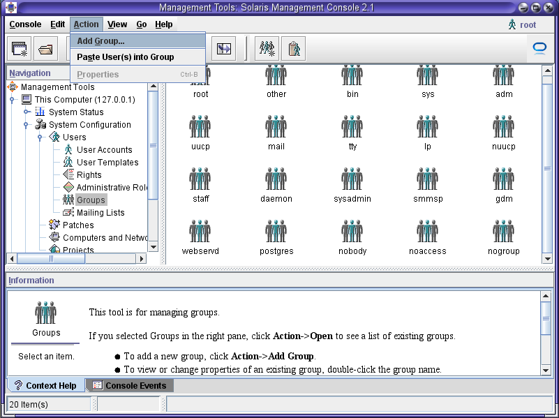 Rysunek 116. Plik /etc/group Aby dodać grupę za pomocą SMC przechodzimy kolejno do SMC->This Computer (127.0.0.1)->System Configuration->Users->Groups.