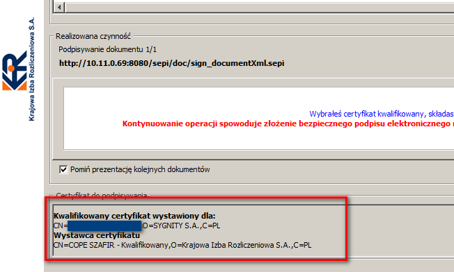 Po ponownym zalogowaniu do systemu zostaniemy poproszeni o akceptacje nowych certyfikatów.