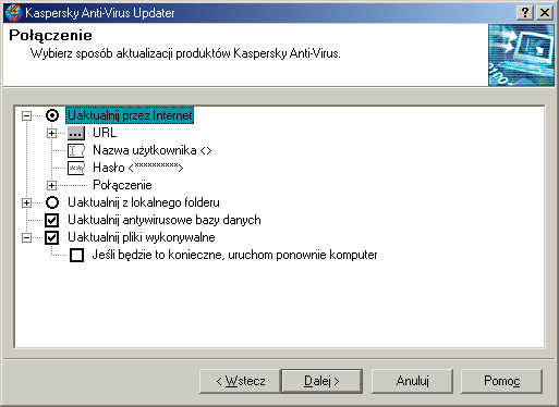 KASPERSKY ANTI-VIRUS Rysunek 33. Okno Połączenie programu Kaspersky AV Updater Okno Połączenie umożliwia określenie trybu oraz obiektów przeznaczonych do aktualizacji.