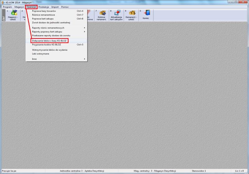 Uzupełniając własną bazę leków o nowe pozycje można skorzystać z funkcji Dołączenie leków z bazy KS- BLOZ. Dostępna jest ona w module ASW14 Magazyny Operacje Dołączenie leków z bazy KS-BLOZ (Rys. 53).