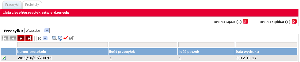 3. Przesyłki Po wydrukowaniu protokołu, przesyłki są przenoszone z listy przesyłek zatwierdzonych do zakładki Historia przesyłek.