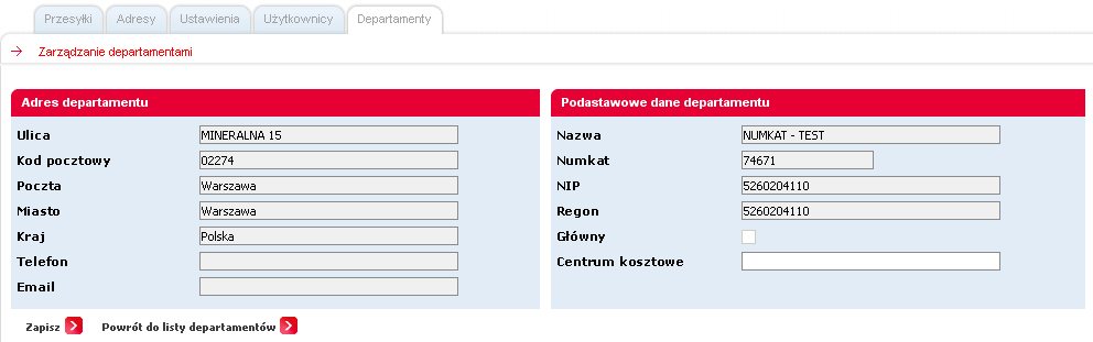 Lista ta przeznaczona jest głównie do podglądu, użytkownik nie ma możliwości dokonywania edycji danych adresowych, są to pola wyszarzane