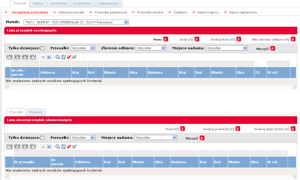 3. Przesyłki Zakładka Przesyłki umożliwia realizowanie następujących funkcjonalności: definiowanie i edycję przesyłek krajowych i zagranicznych do jednego (przesyłka pojedyncza) lub wielu (przesyłka