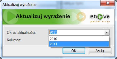 Aby wprowadzić zmienione wyrażenie dla kolejnych okresów obrachunkowych należy na pozycji zestawienia wykonać czynność Aktualizuj i w parametrach czynności wskazać, od którego okresu obrachunkowego