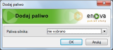 Dodaj paliwo W okienku po lewej stronie widoczne są wszystkie typy paliwa powiązane z wcześniej wybranym rodzajem silnika, przyciskiem Dodaj przenosimy tylko