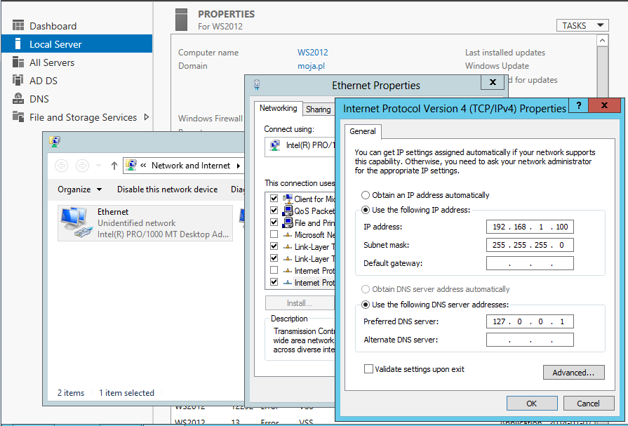 1. Konfiguracja DNS na kontrolerze domeny (DC) 1.1. Konfiguracja kontrolera domeny 1. Uruchom maszynę wirtualną Windows Server 2012 skonfigurowaną na kontroler domeny z ćwiczenia nr 5.