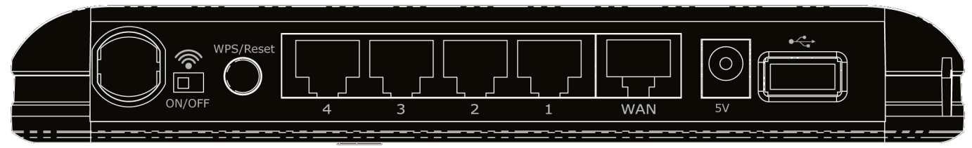 1.7. Panel tylny Opis przycisku/portu Nazwa elementu 5V WAN (kolor niebieski) 1 4 (kolor żółty) WPS/Reset WLAN ON/OFF Opis Port USB do podłączenia bezprzewodowego modemu LTE/HSPA+ Gniazdo zasilania,