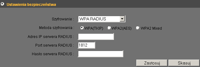 Poniżej opisano poszczególne pozycje ustawień: Pozycja Opis Metoda szyfrowania Umożliwia wybór rodzaju szyfrowania: WPA (TKIP), WPA2 (AES), oraz WPA2 Mixed.