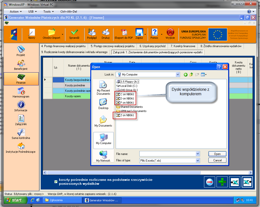 Na poniższym rysunku pokazane jest okno wyboru pliku dla importu Excel vii) Po uzupełnieniu wniosku o załączniki z pliku Excel, można zapisad plik wniosku.