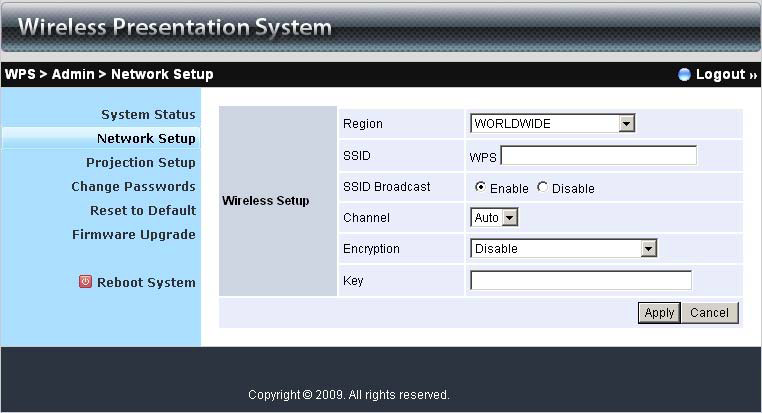 Ustawienia sieciowe (Network Setup) < Wireless Setup> Ustawienia sieci bezprzewodowej Region: wybór regionu, ilośd dostępnych kanałów SSID: nazwa sieci, maksymalnie do 32 znaków SSID Broadcast: