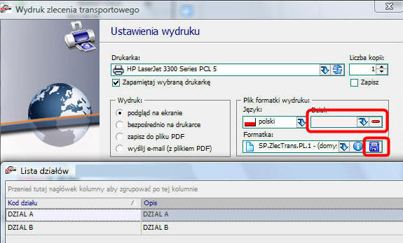 42. Formatka domyślna dla działu Dodano możliwość ustawiania domyślnych formatek wydruku dla każdego działu z osobna: