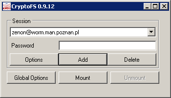 4. Okno główne. Pole wyboru zapisanych sesji Password opcjonalne pole do wpisywania hasła, jeśli wybrano opcję użycia hasła do logowania.