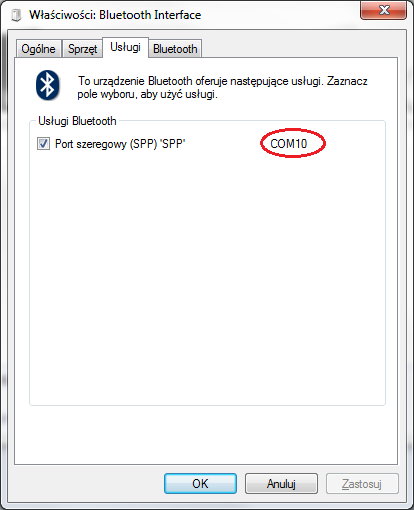 7. W zakładce "Usługi" uzyskamy informację który numer portu COM został przyporządkowany