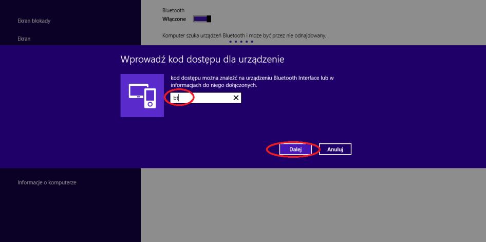 Po wybraniu z menu: "Komputer i urządzenia" opcji : "Bluetooth" należy upewnić się, że interfejs jest włączony o czym informuje nas komunikat znajdujący się obok suwaka w górnej części ekranu.