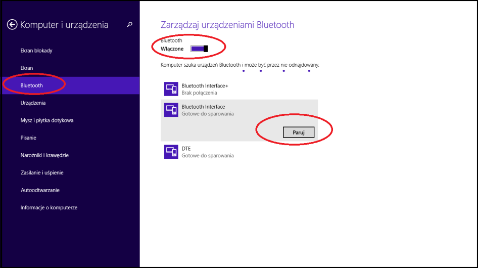 Po pojawieniu się ikony urządzenia "Bluetooth Interface NX" z komunikatem "Gotowe do sparowania" należy po wybraniu go lewym przyciskiem myszy nacisnąć przycisk "Paruj".