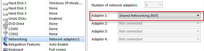 W wyświetlonym oknie, należy wybrać Windows XP Mode, następnie Ustawienia (Settings). Konieczne jest ustawienie współdzielenia dysków komputera oraz dostępu do sieci.