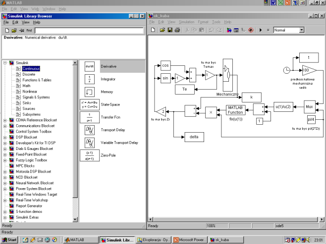 Budowanie modelu w SIMULINK-u (Mrozek, Mrozek 1995) 1. Otwarcie okna roboczego i ustawienie wyglądu ekranu 2. Wybranie bloku z biblioteki i przemieszczenie do okna roboczego 3.