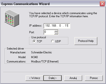Komunikacja 3.2.4. Komunikacja z M340 W celu nawiązania komunikacji ze sterownikiem M340 w oknie wyboru urządzenia naleŝy wybrać Schneider-Electric M340 Modbus TCP/IP (Ethernet).