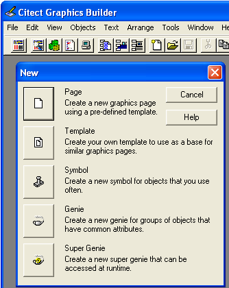 5. Strony grafiki Strony grafiki Tworzenie nowych stron grafiki wykonujemy w zakładce Citect Graphics Builder File New lub wykorzystując ikonę.