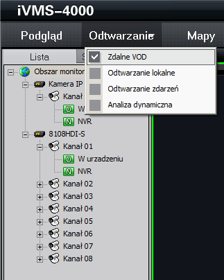 NVR Server pokazuje czas początku i końca nagrywania. Przeglądanie nagrań odbywa się w ten sam sposób, jak w przypadku zdalnego odtwarzania nagrań z rejestratora.