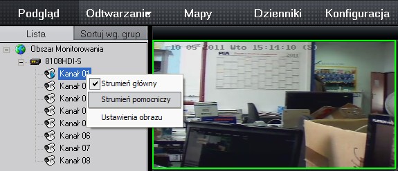 W oknie podglądu, po lewej stronie w określonym obszarze monitorowania widoczne są dodane urządzenia. Dla jednego monitora można otworzyć maksymalnie 64 kanały (1 kanał = 1 połączenie = 1 kamera).