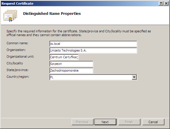 Zostanie uruchomiony kreator przeprowadzający proces generowani Ŝądania. Pierwszym krokiem jest podanie informacji o podmiocie, które zostaną umieszczone w certyfikacie.