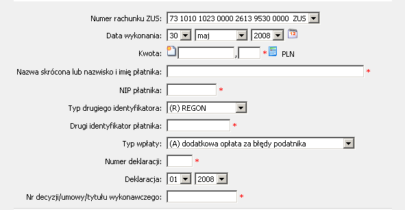 Rysunek 109 CHB Transakcje Przelewy ZUS Numer rachunku ZUS Następnie naleŝy wypełnić wszystkie wymagalne pola edytowanego formularza (pola wymagalne oznaczone są znakiem gwiazdki * ) Rysunek 110 CHB