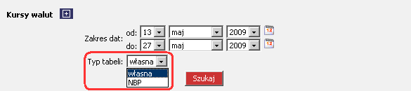 3.1. CHB Waluty Kursy walut Kursy walut umoŝliwia przegląd wszystkich dostępnych w systemie tabel kursowych dla wybranego typu (tabela własna/nbp) i zakresu dat.