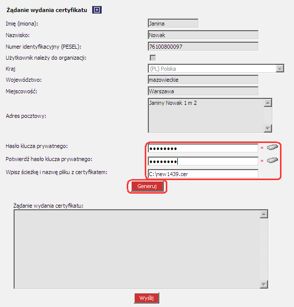 Rysunek 134 CHB System Certyfikaty Nowy (śądanie wydania certyfikatu) Generuj