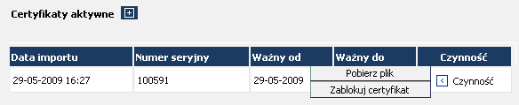 Rysunek 138 CHB System Certyfikaty Aktywne (Certyfikaty aktywne) (Ekran podstawowy) Certyfikaty wyświetlane są w kolumnach analogicznie jak opisano w CHB System Certyfikaty Nieaktywne. UWAGA!