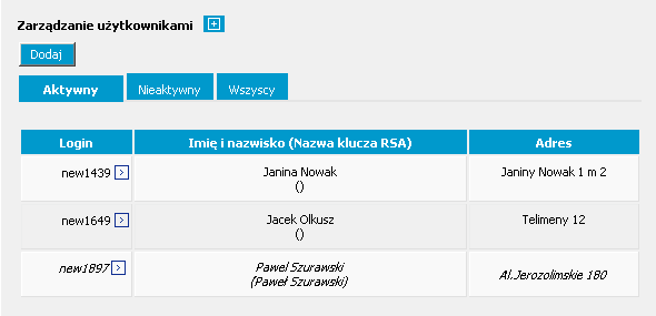 Widok filtrowania Aktywny jest domyślnym widokiem wyświetlanym w menu Lista (Zarządzanie uŝytkownikami). Rysunek 168 SuperUser UŜytkownicy Lista Aktywny 1.1.1.2.