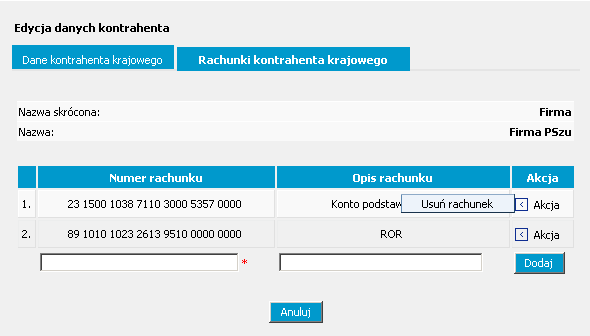 Pole Numer rachunku jest obowiązkowe do wypełnienia (*).