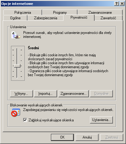 Rysunek 10 Internet Explorer 6.0 Narzędzia Opcje internetowe Prywatność Średni.