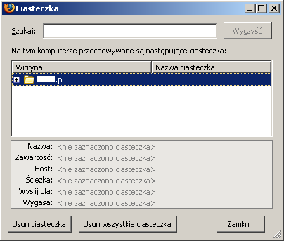 Rysunek 13 Mozilla Firefox Konfiguracja Narzędzia Opcje Prywatność Wyświetl ciasteczka Po poprawnym zalogowaniu w Zaakceptowanych ciasteczkach (przycisk Wyświetl