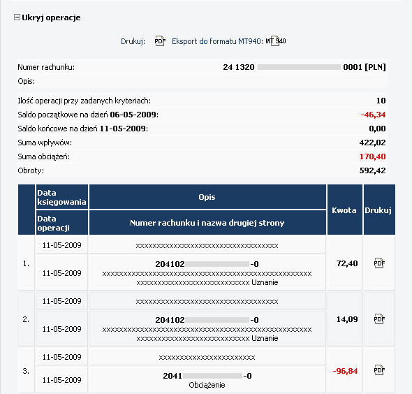 Rysunek 32 CHB Rachunki Lista operacji Operacje (ekran domyślny) 1.3. CHB Rachunki Raporty Raporty umoŝliwia pobranie plików zawierających korespondencje zadeklarowaną w administracji systemu.