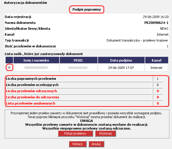 Rysunek 61 CHB Transakcje Autoryzacja zleceń (Autoryzacja dokumentów) Komunikat Naciskając na otrzymujemy dostęp do danych adresowych osoby która zautoryzowała dokument wraz